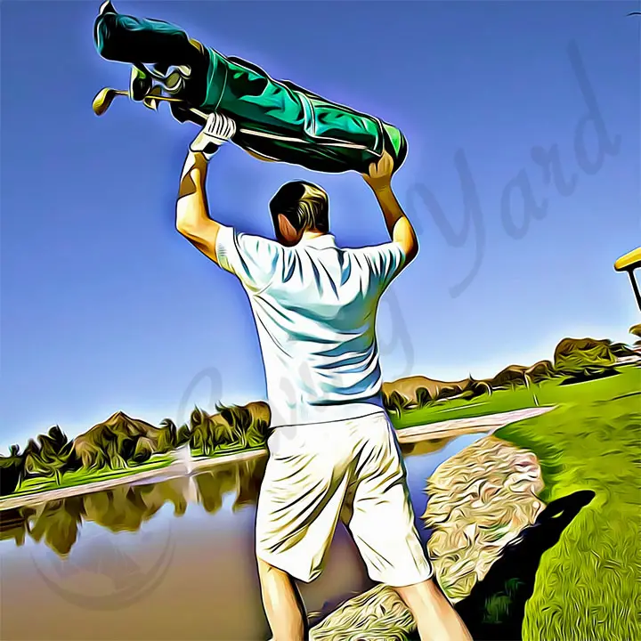 cartoon of a man throwing golf clubs