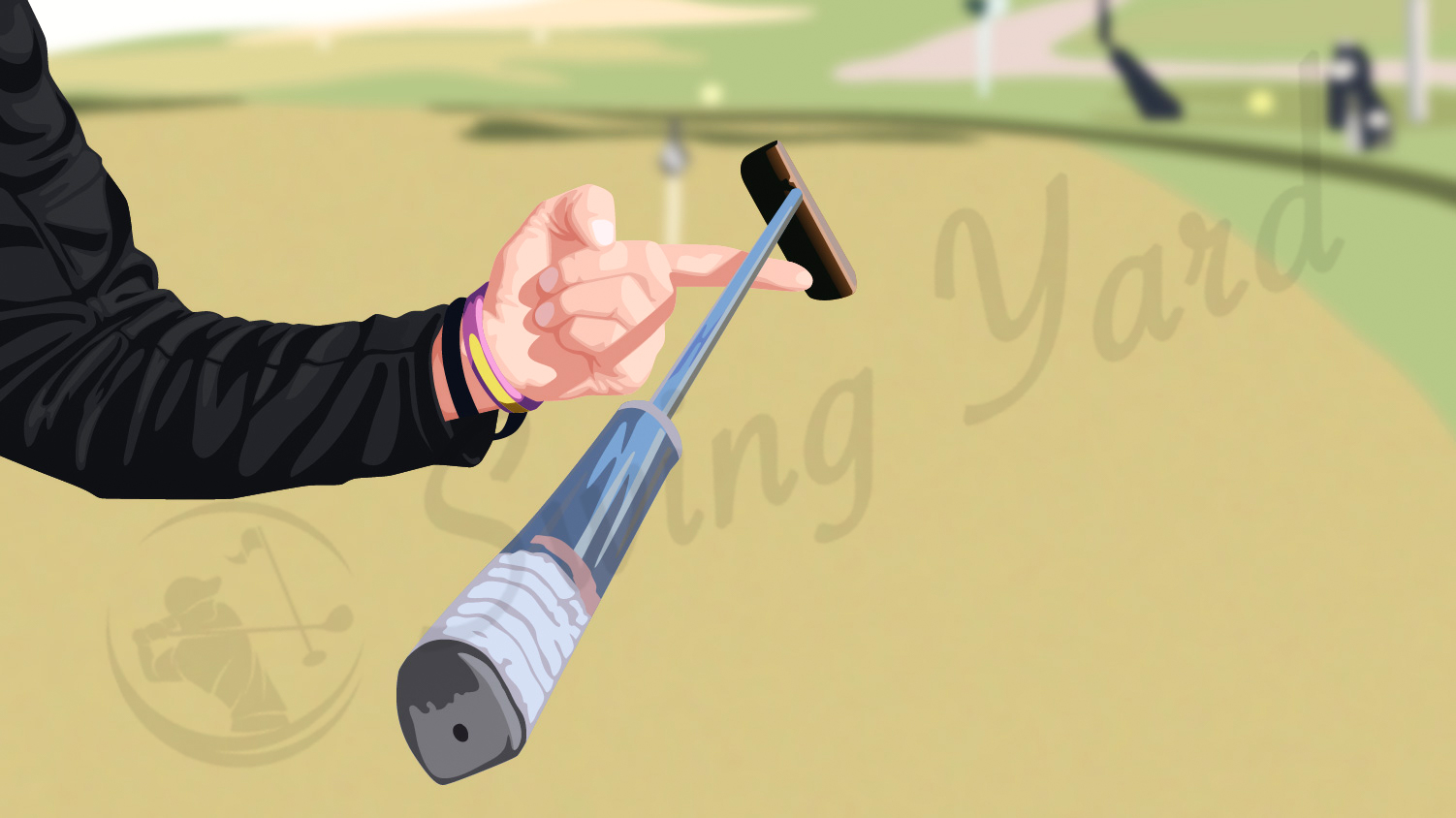 one finger balancing a putter on the golf course