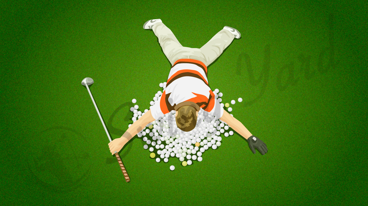 guy laying face down on a pile of golf balls