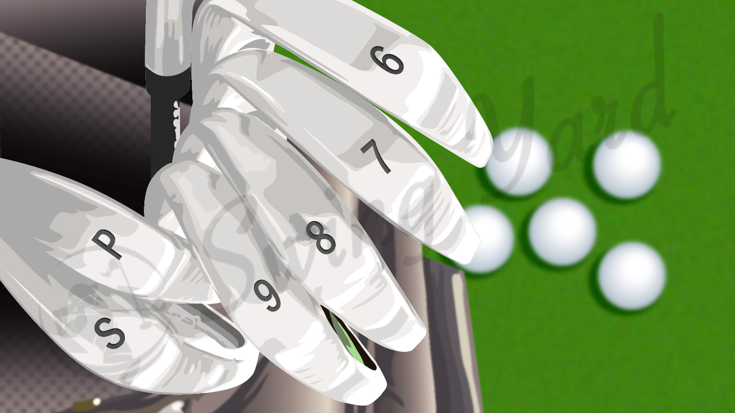 numbered club heads in bag with golf balls in the background